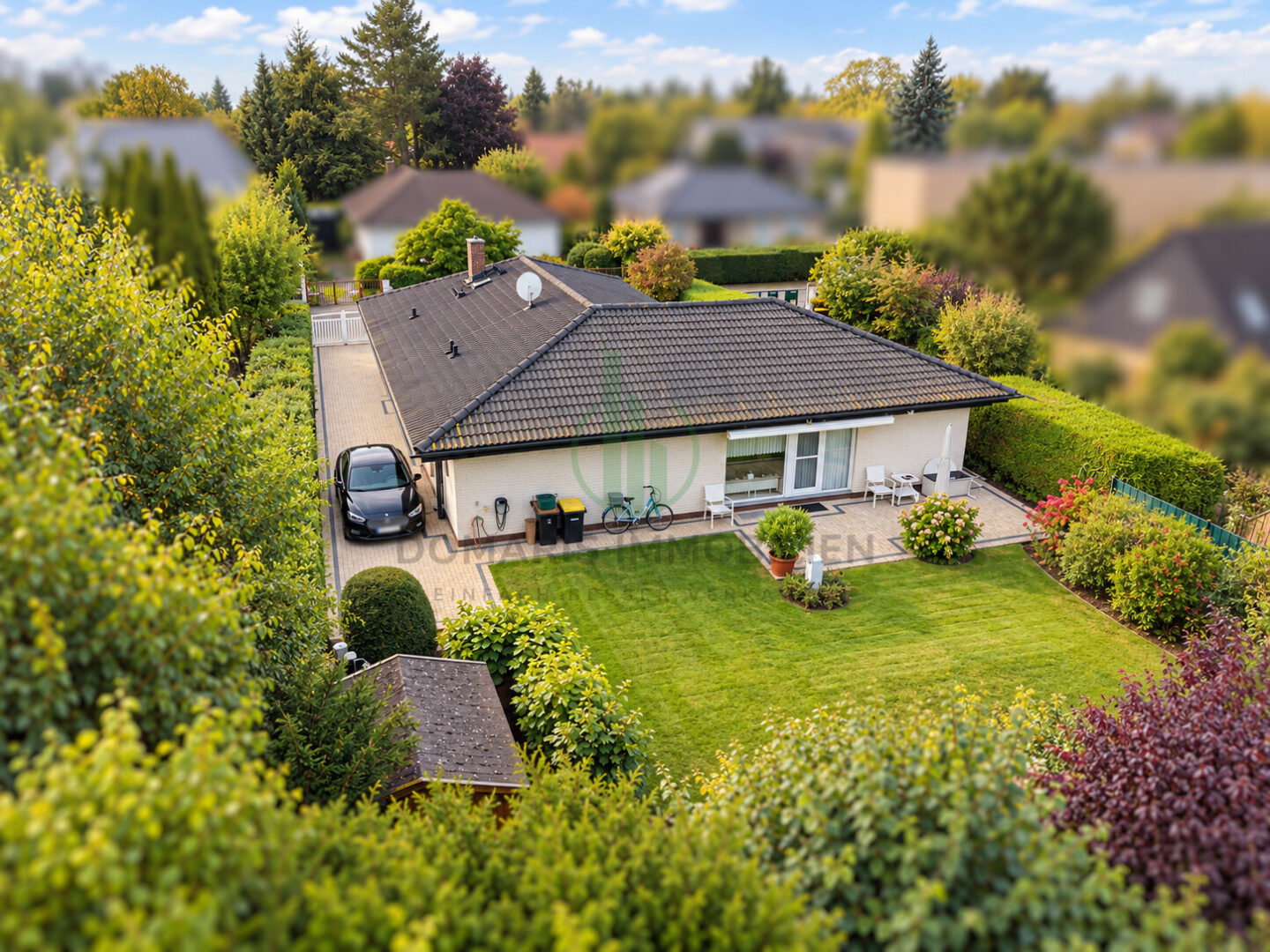 Drohnenansicht - Garten und Gebäudestruktur